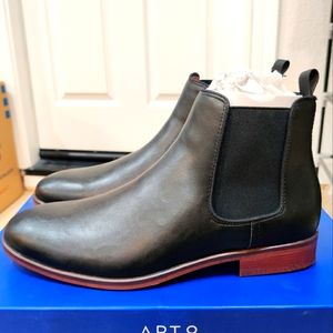 Black Faux Leather Cushioned Dress Chelsea Boot Brown Wood Soles